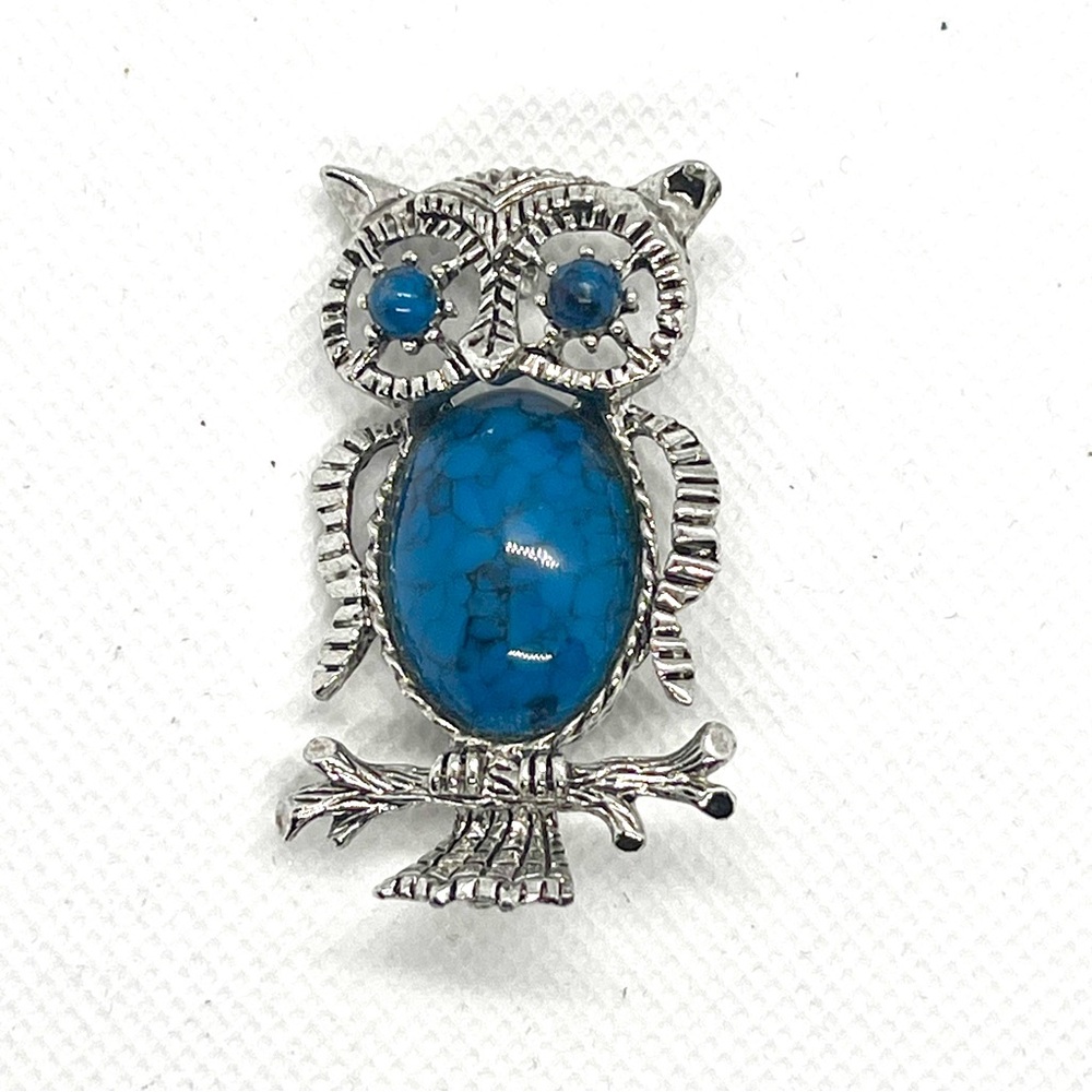 Vintage Gerry's Brooch Mystic Wise Owl Faux Turquoise on Branch Nature Pin